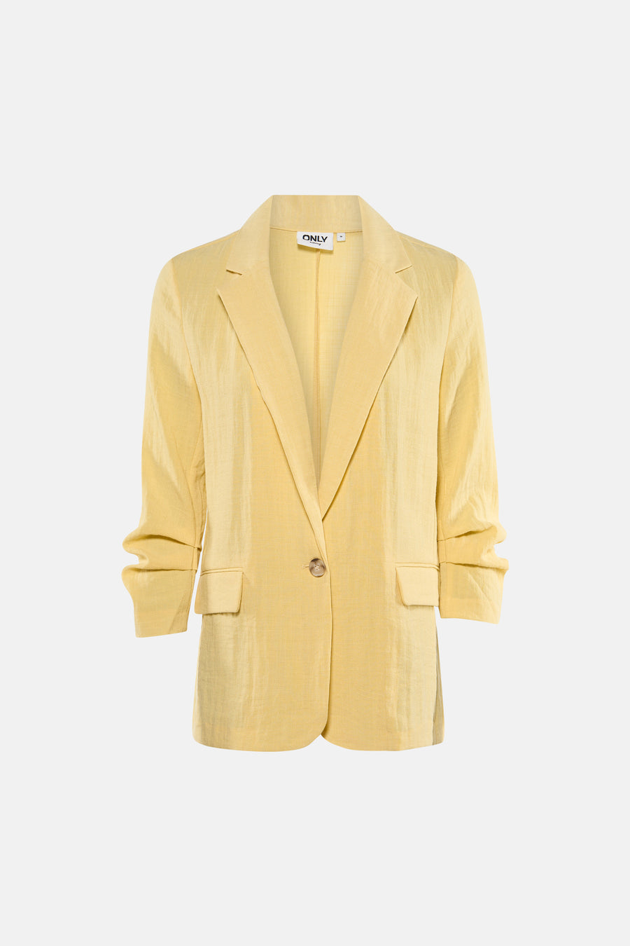 Blazer jaune de ONLY, texturé, avec manches retroussées, un bouton unique et poches plaquées.