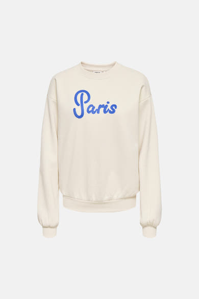 Sweat-shirt beige col rond par ONLY, avec l'inscription "Paris" en bleu sur le devant.