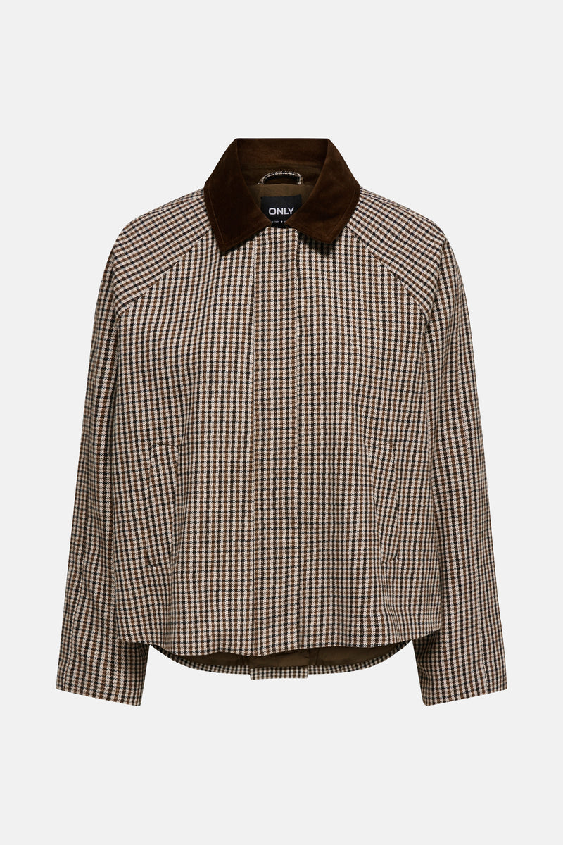 Veste courte multicolore de ONLY, à carreaux avec un col en velours marron.
