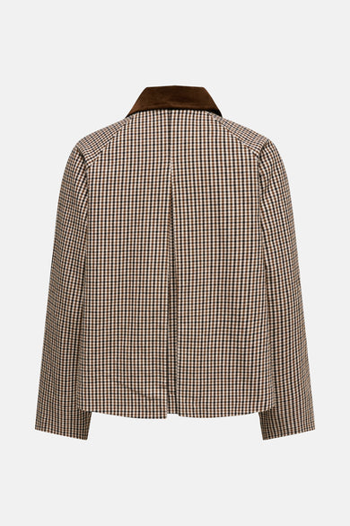 Veste courte multicolore de ONLY® avec un motif à carreaux et un col en velours marron.
