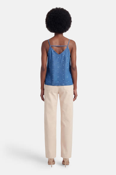 Débardeur en denim bleu moyen de ONLY avec motif floral blanc, vue de dos.