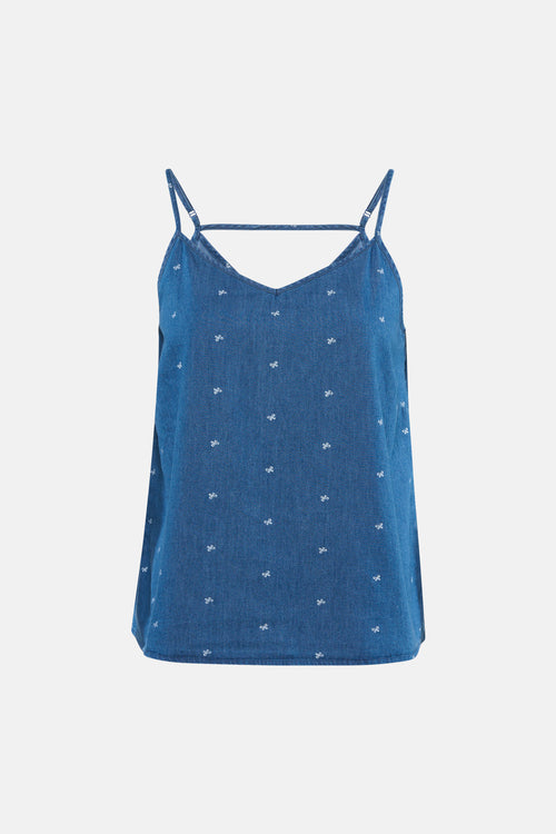Débardeur bleu denim moyen de ONLY® avec col en V, fines bretelles, motif nœuds blancs et bride au dos.