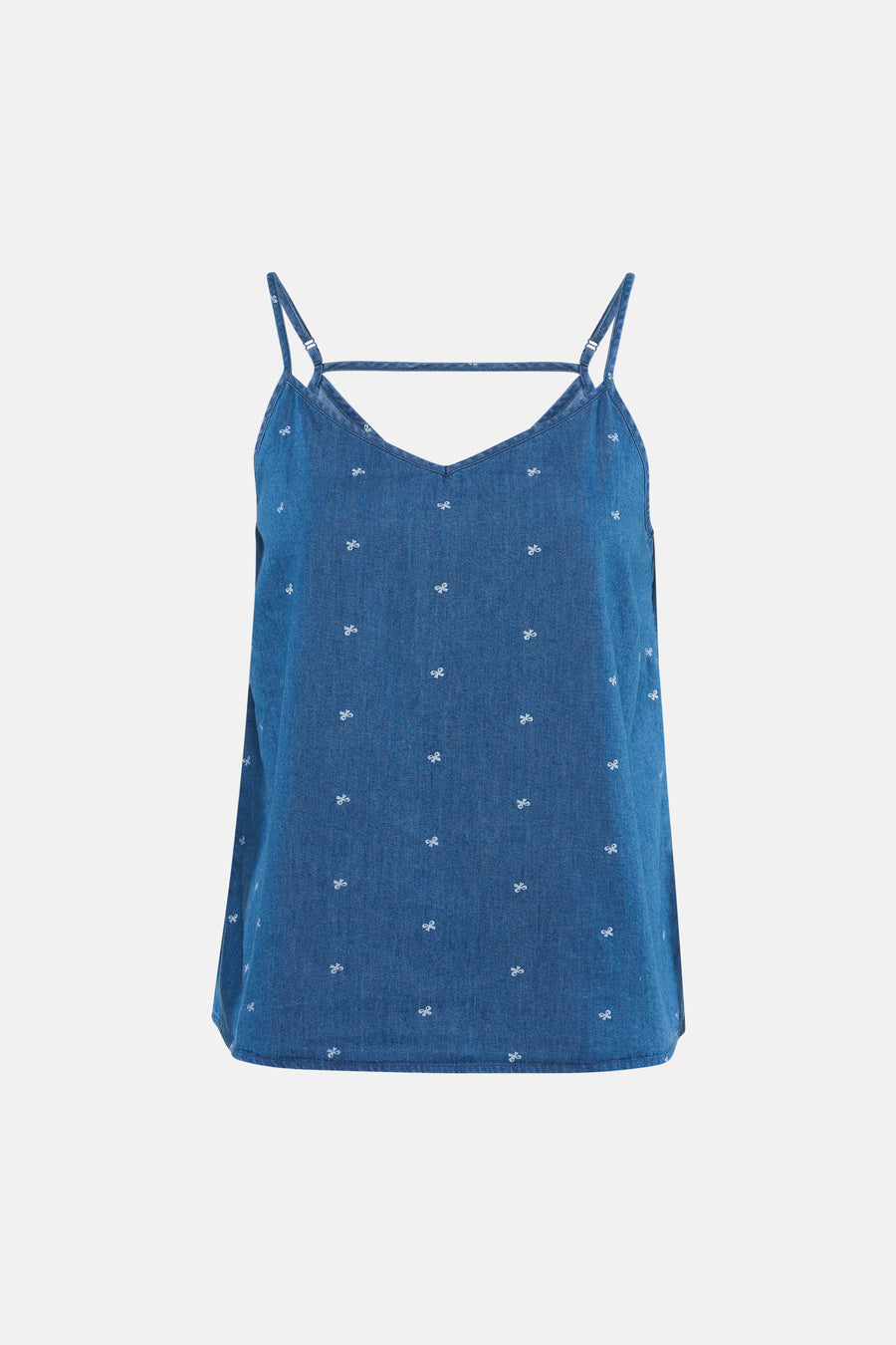Débardeur bleu denim moyen de ONLY® avec col en V, fines bretelles, motif nœuds blancs et bride au dos.