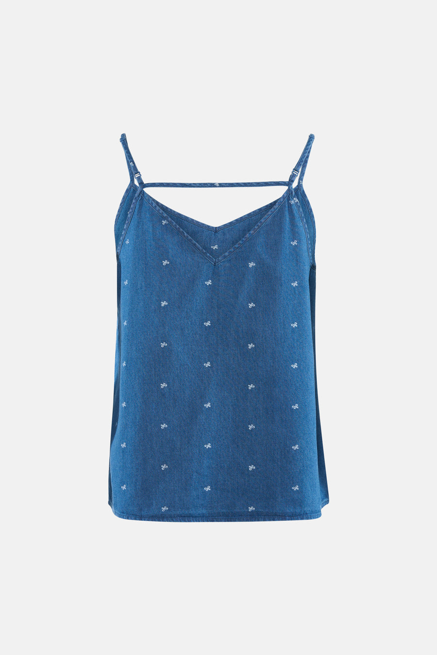 Débardeur en jean bleu moyen de ONLY® à motif de petits nœuds papillon blancs, avec fines bretelles et col en V.