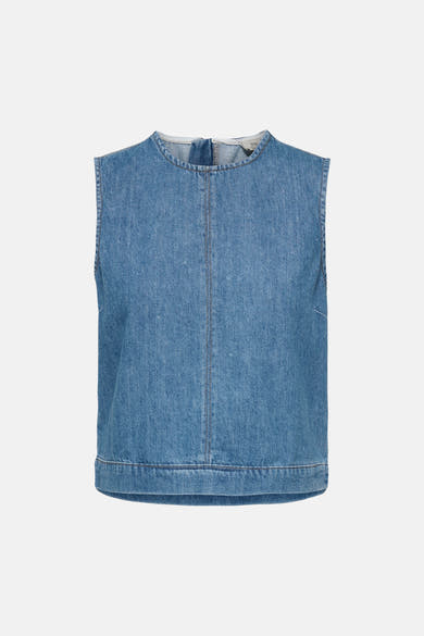 Mouwloos spijkerblouse in lichtblauw van JDY, met ronde hals, centrale naad en brede zoom.
