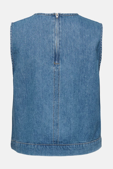 Mouwloos overhemd van lichtblauw denim van JDY, achterkant met zilveren ritssluiting.