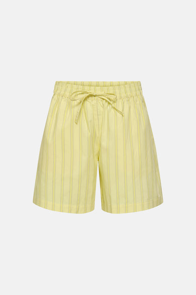 JDY gele korte broek met fijne verticale strepen, met elastische tailleband, achterzijde.