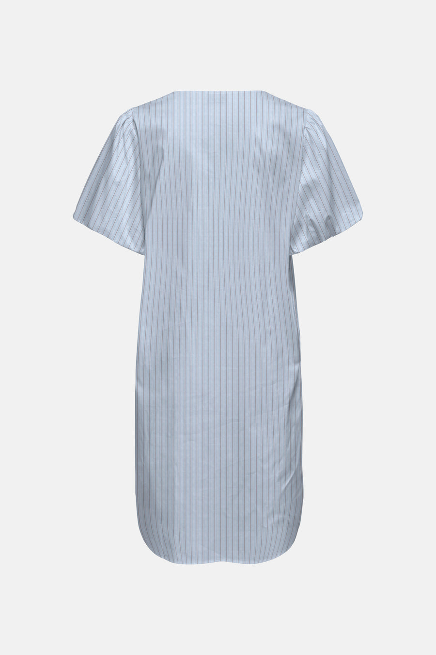 Robe bleue à rayures verticales de JDY, vue de dos, avec manches courtes bouffantes et ourlet incurvé.