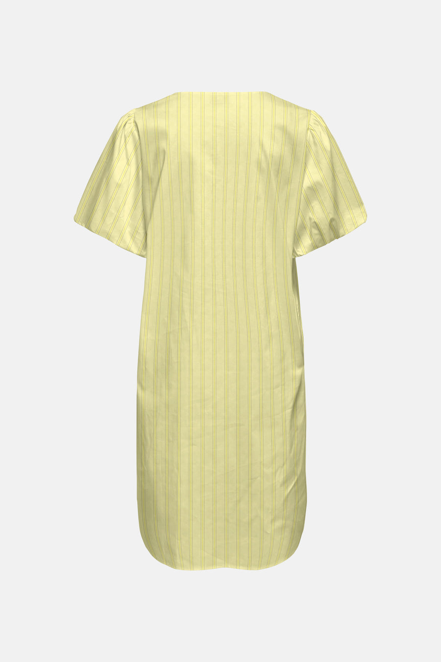 Robe jaune à rayures verticales de JDY, à manches courtes bouffantes et ourlet arrondi, vue de dos.