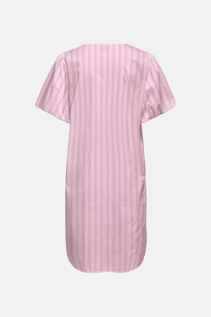 Robe rose de JDY à rayures verticales, manches courtes, encolure droite et ourlet arrondi, vue de dos.