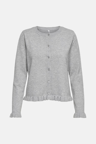 Cardigan gris de ONLY, avec boutons sur le devant et des détails volantés sur les poignets et la base.
