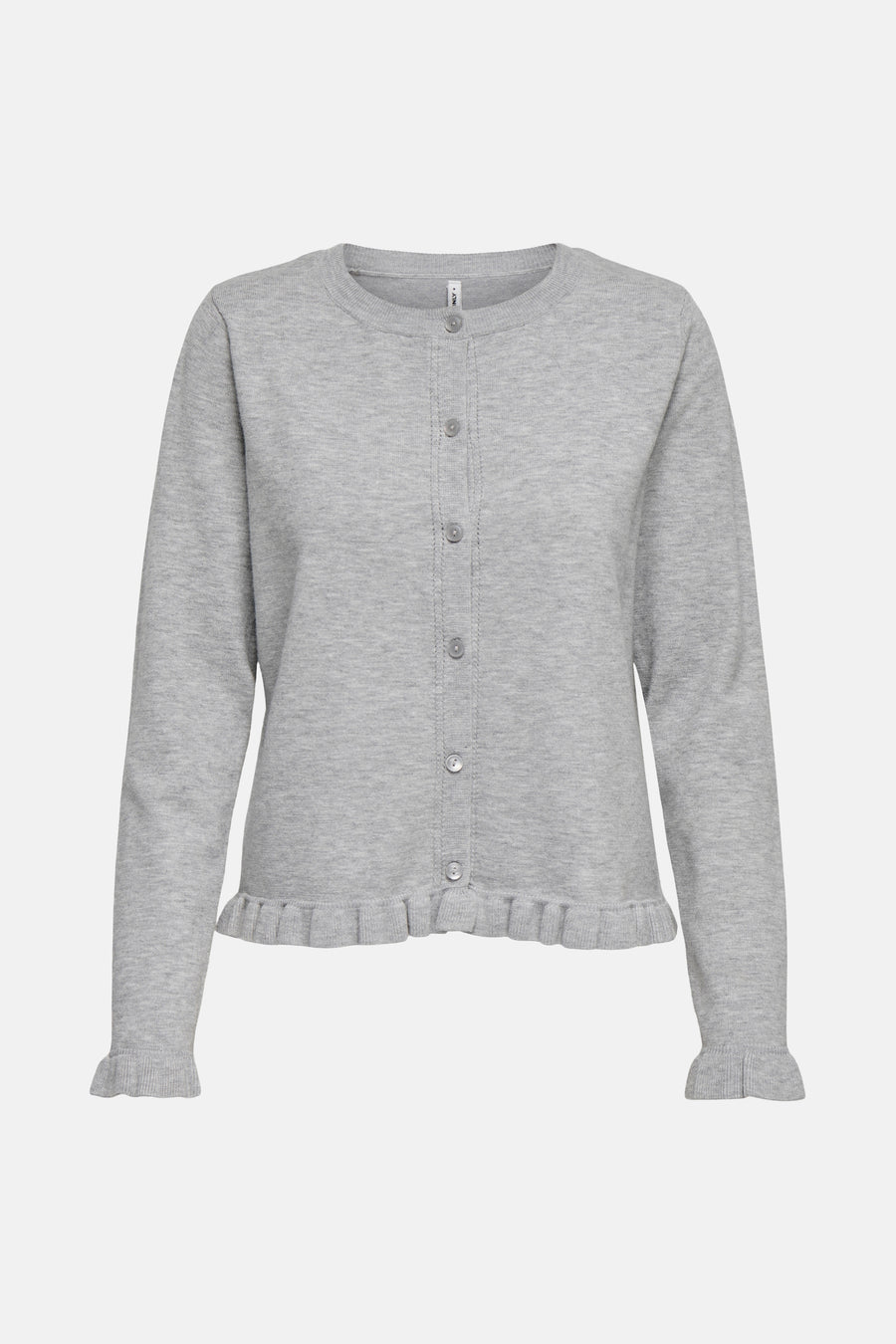 Cardigan gris de ONLY, avec boutons sur le devant et des détails volantés sur les poignets et la base.
