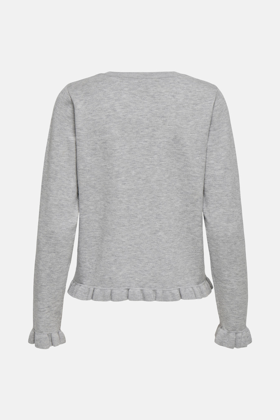 Cardigan gris de ONLY, avec ourlet volanté aux poignets et en bas du vêtement.