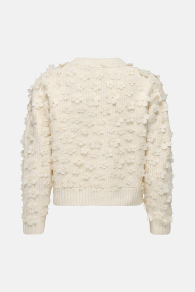 Pull à col rond beige de ONLY®, orné de motifs floraux ton sur ton sur toute la surface.

