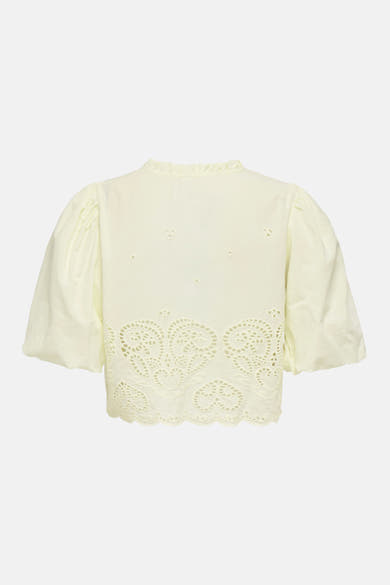Chemise jaune à manches courtes de ONLY® avec broderie anglaise, ourlet festonné et col volanté, vue de dos.