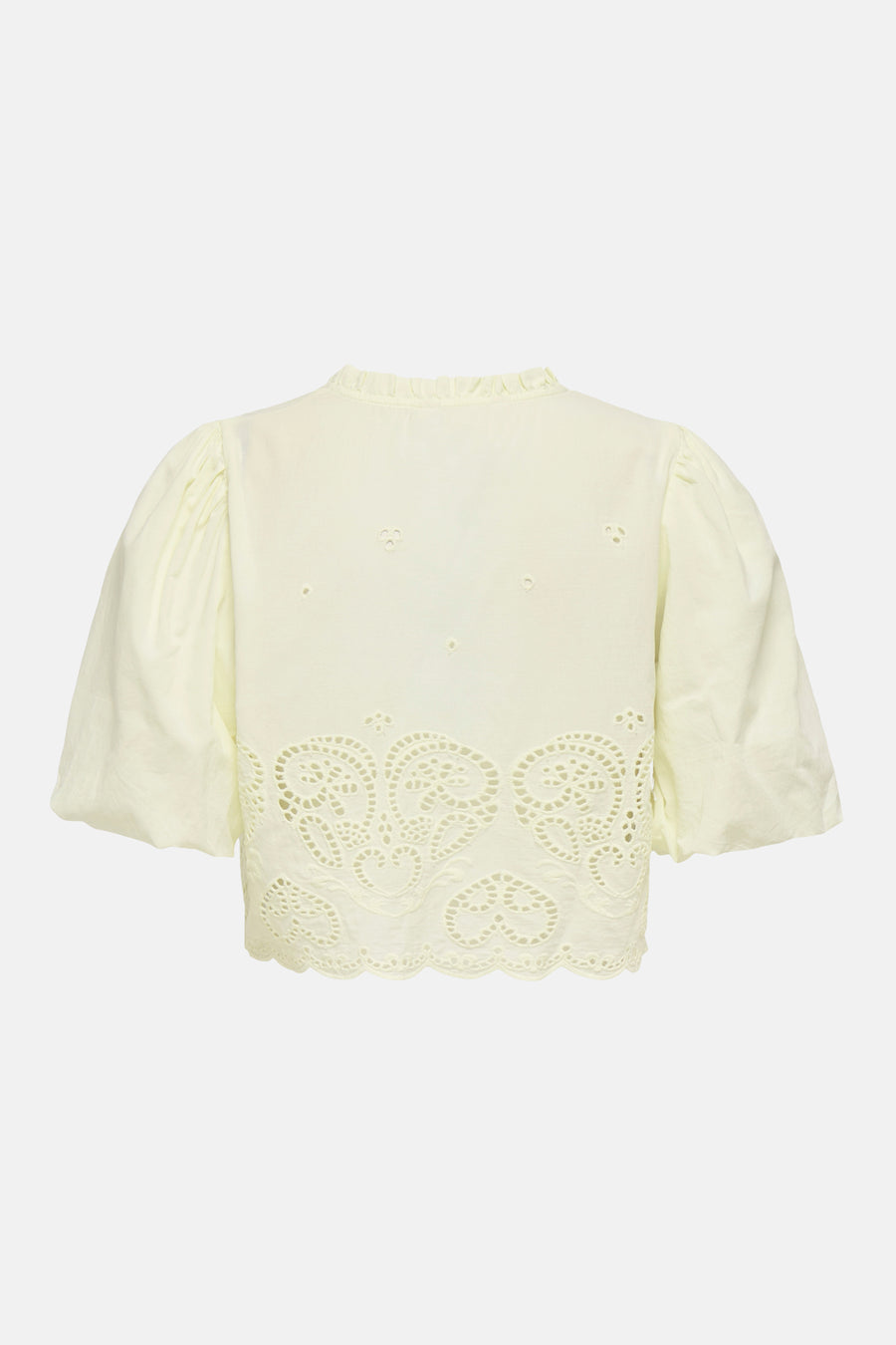 Chemise jaune à manches courtes de ONLY® avec broderie anglaise, ourlet festonné et col volanté, vue de dos.