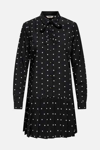 Robe noire à manches longues de ONLY, à pois blancs avec un col à nœud et des plis.