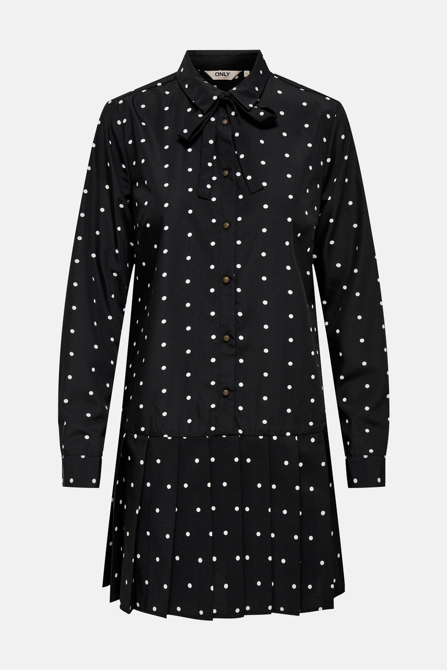 Robe noire à manches longues de ONLY, à pois blancs avec un col à nœud et des plis.