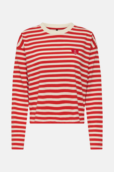 T-shirt à manches longues rouge rayé par ONLY®, avec motif brodé en forme de cœur.
