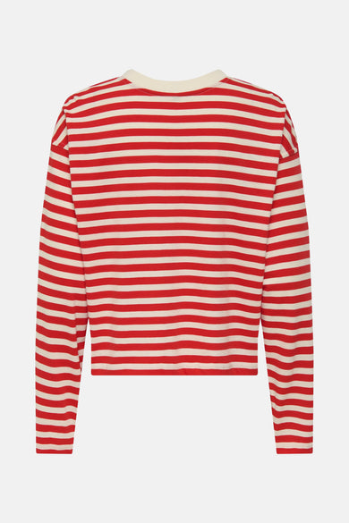 T-shirt à manches longues rouge par ONLY, à rayures horizontales blanches et rouges.
