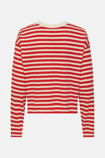 T-shirt à manches longues rouge par ONLY, à rayures horizontales blanches et rouges.
