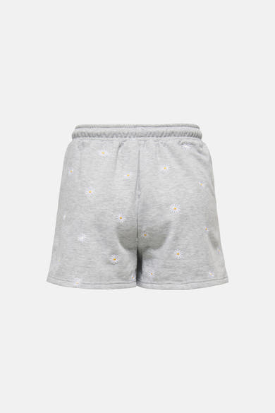 Short gris de ONLY, avec un motif fleuri de marguerites blanches, vue de dos.