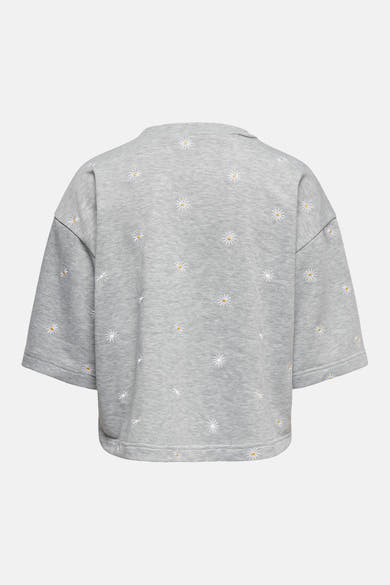 Ronde hals sweatshirt grijs van ONLY®, met geborduurde madeliefjes, wijde korte mouwen.