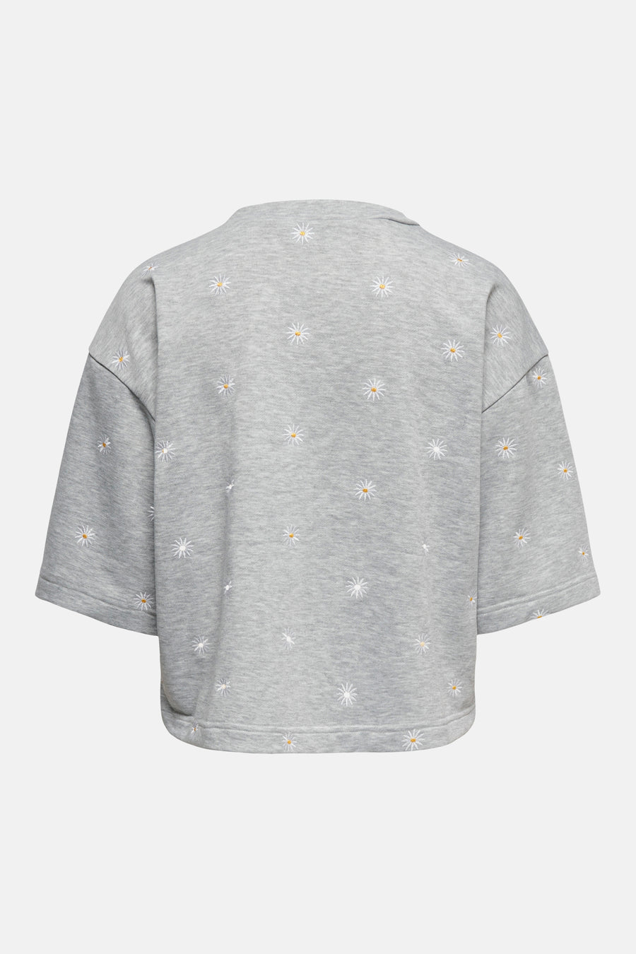 Ronde hals sweatshirt grijs van ONLY®, met geborduurde madeliefjes, wijde korte mouwen.