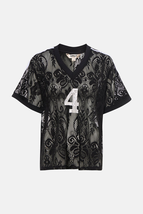 T-shirt en dentelle noire de ONLY® à col en V, avec un "4" blanc et des rayures sur les épaules.