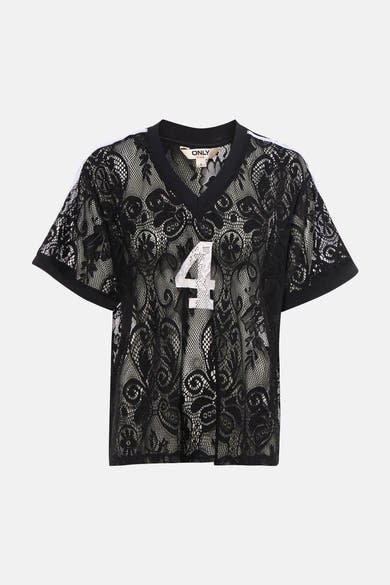 Zwart kanten T-shirt met V-hals van ONLY® met een witte "4" en strepen op de schouders.