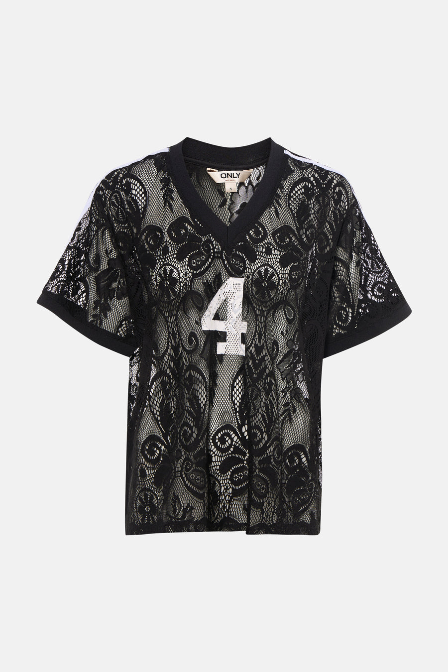 Zwart kanten T-shirt met V-hals van ONLY® met een witte "4" en strepen op de schouders.