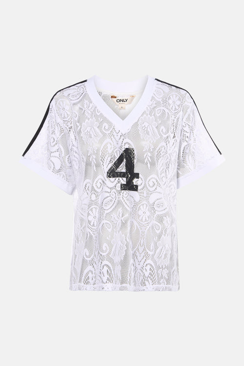 T-shirt blanc en dentelle de ONLY® à col en V, avec le chiffre 4 noir et des rayures sur les épaules.