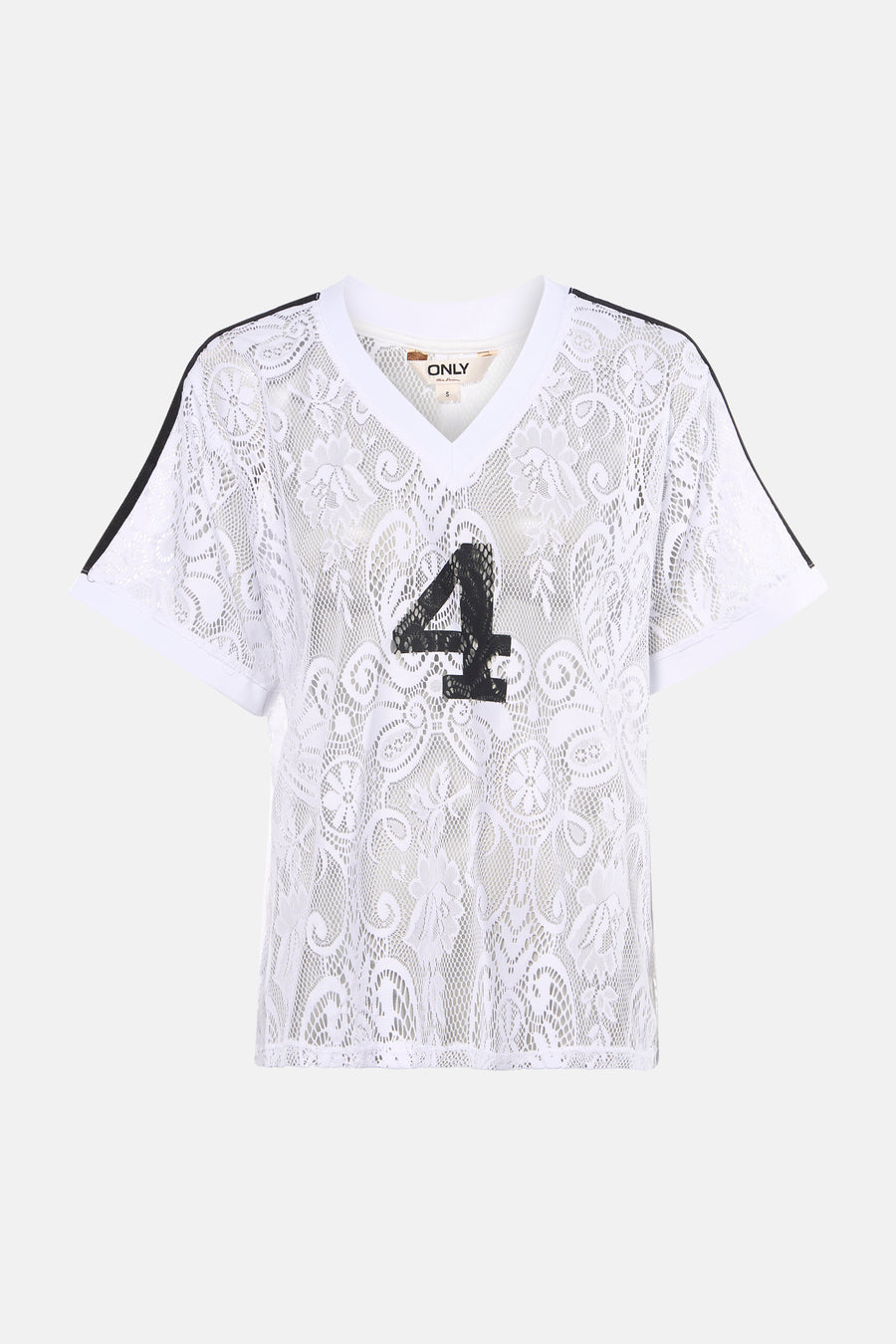 Wit kanten T-shirt met V-hals van ONLY®, met het zwarte cijfer 4 en strepen op de schouders.