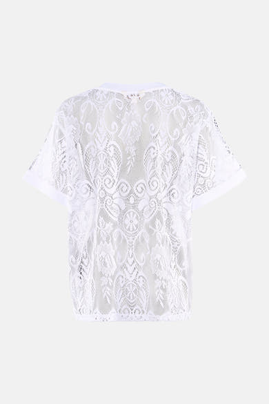 Wit T-shirt van ONLY® met korte mouwen van kant, bloemen- en geometrisch patroon, achterkant.