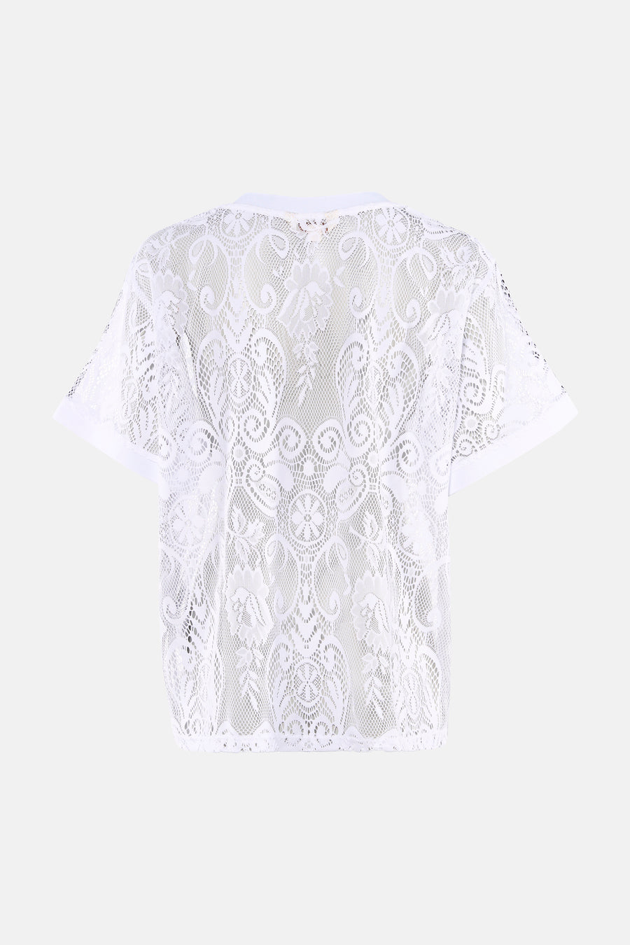 Wit T-shirt van ONLY® met korte mouwen van kant, bloemen- en geometrisch patroon, achterkant.