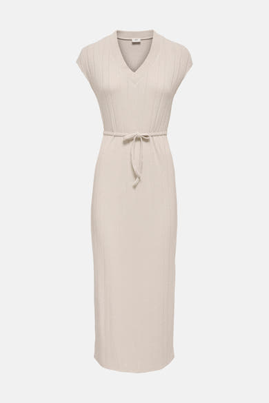 Robe beige de JDY en maille côtelée avec col en V et ceinture à nouer.