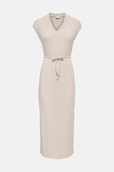 Robe beige de JDY en maille côtelée avec col en V et ceinture à nouer.