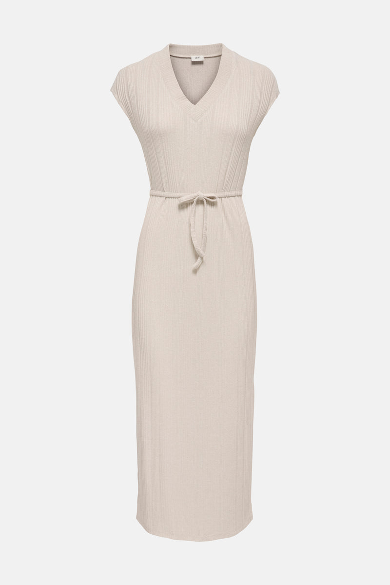 Robe beige de JDY en maille côtelée avec col en V et ceinture à nouer.