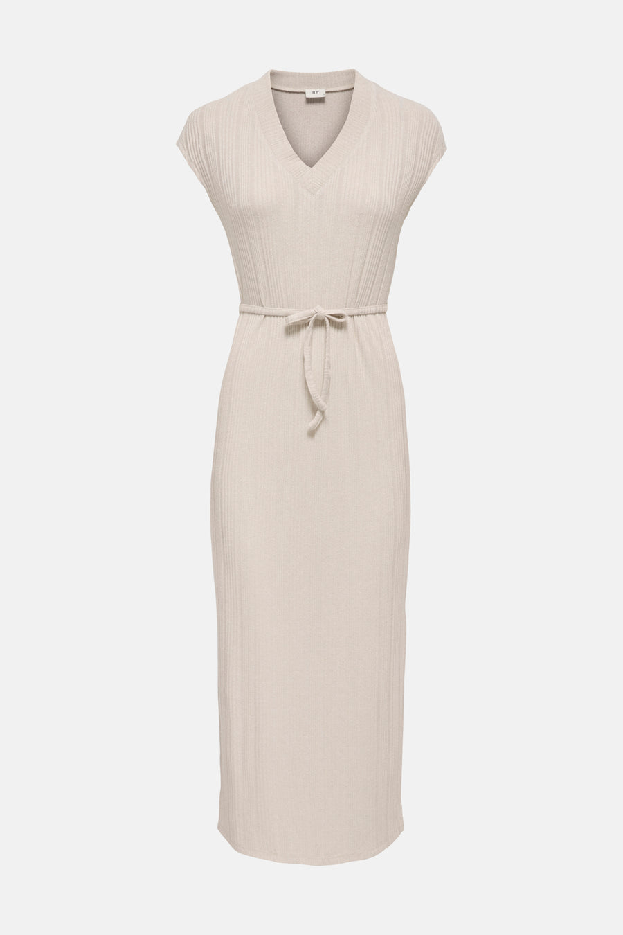 Robe beige de JDY en maille côtelée avec col en V et ceinture à nouer.