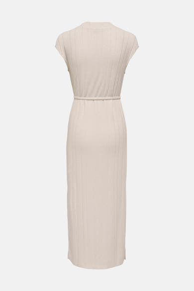 Robe beige de JDY, côtelée, à col montant, manches courtes et taille ceinturée, vue de dos.