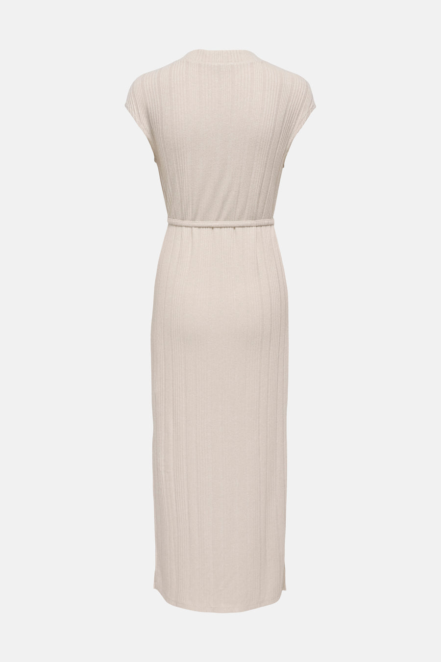 Robe beige de JDY, côtelée, à col montant, manches courtes et taille ceinturée, vue de dos.