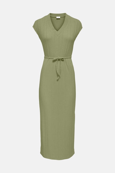 Robe midi côtelée verte de JDY, avec col en V, manches courtes et ceinture à nouer.