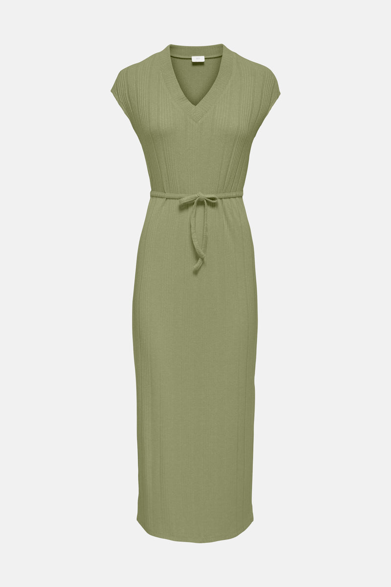 Robe midi côtelée verte de JDY, avec col en V, manches courtes et ceinture à nouer.