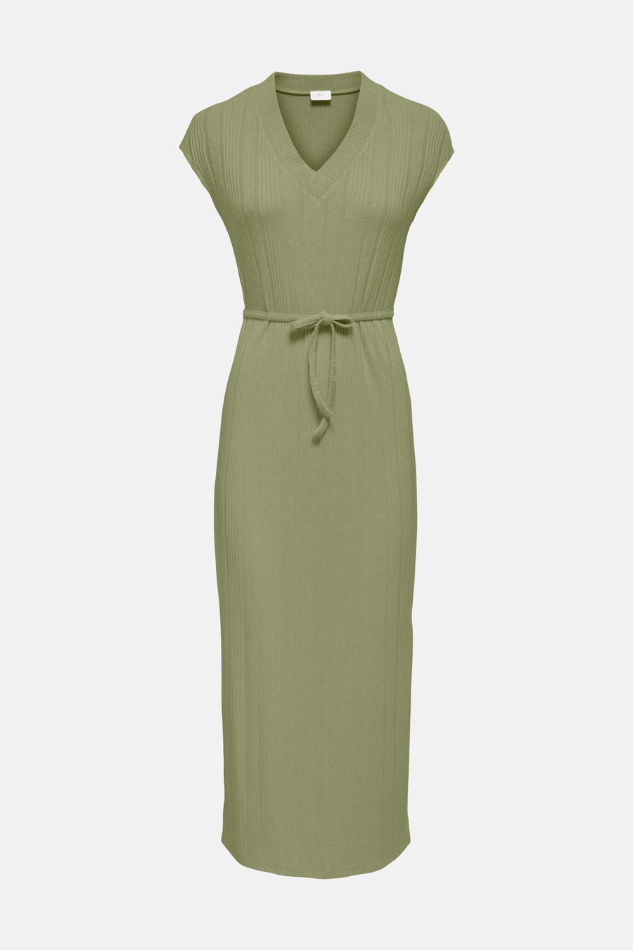 Robe midi côtelée verte de JDY, avec col en V, manches courtes et ceinture à nouer.