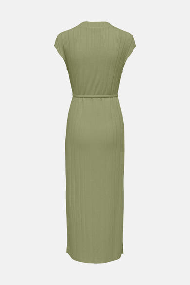 Robe midi verte côtelée de JDY, ceinture à la taille, manches courtes et col montant, vue de dos.