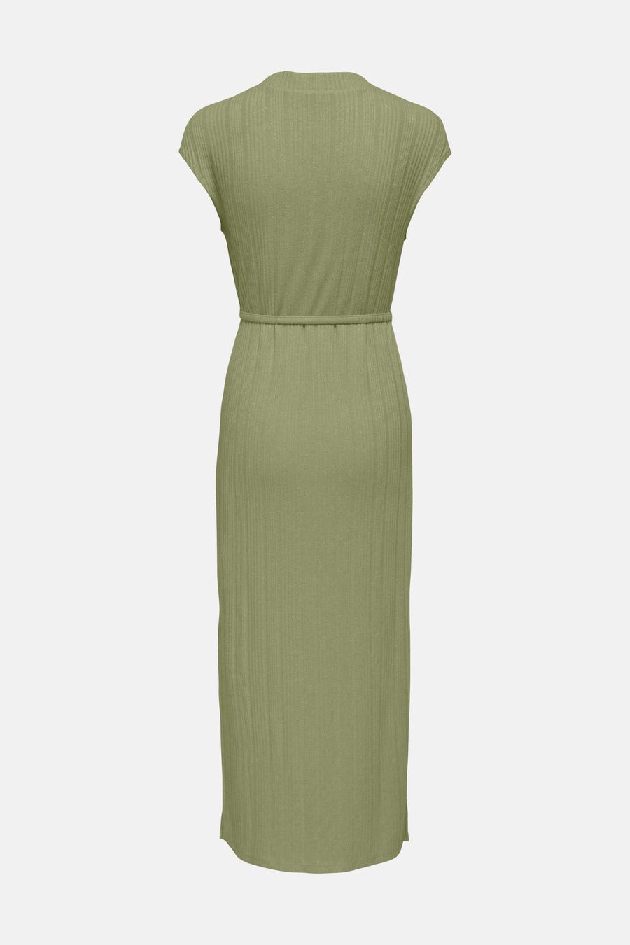 Robe midi verte côtelée de JDY, ceinture à la taille, manches courtes et col montant, vue de dos.
