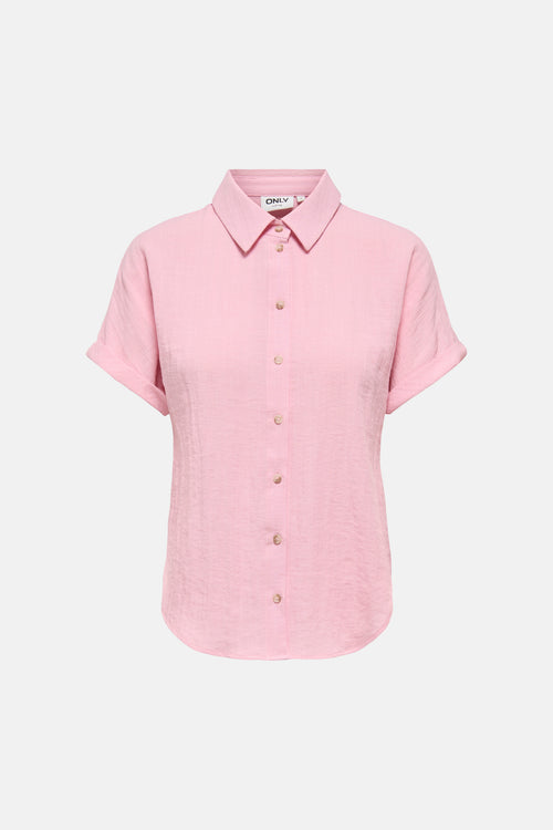 Chemise rose à manches courtes de ONLY, à texture froissée, col et boutons clairs.