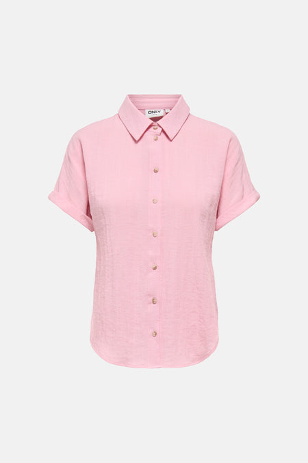 Chemise rose à manches courtes de ONLY, à texture froissée, col et boutons clairs.