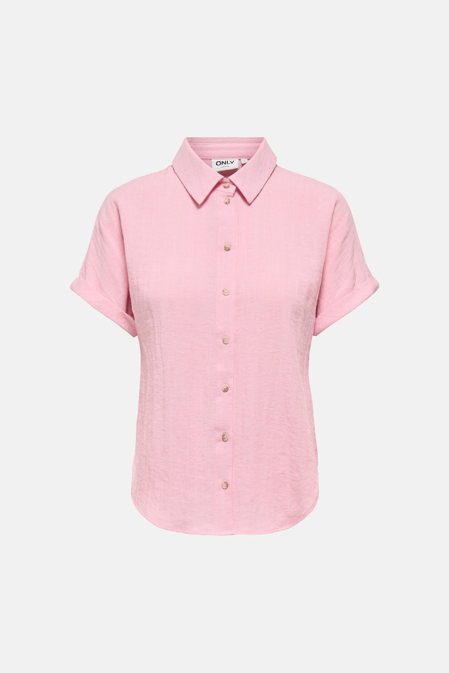 Roze blouse van ONLY®, achterzijde, met kraag, opgerolde mouwen, rugpas en coupenaden, gekreukte textuur.