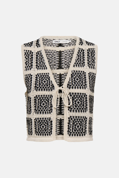 Ecru vest van ONLY, met zwart-wit ruitpatroon in gebreide stof.
